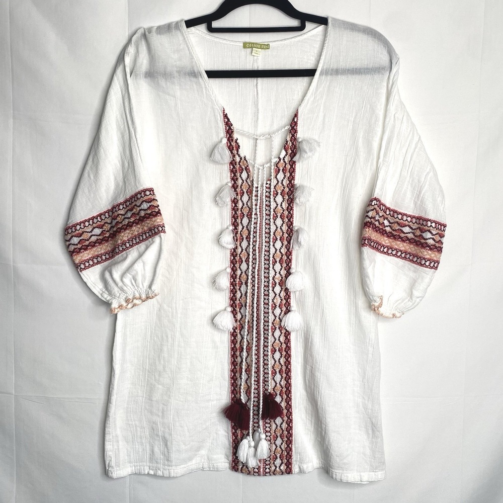 Gianni Bini White Embroidered Tassel Cotton Gauze Tunic Top Women S Boho Beach
